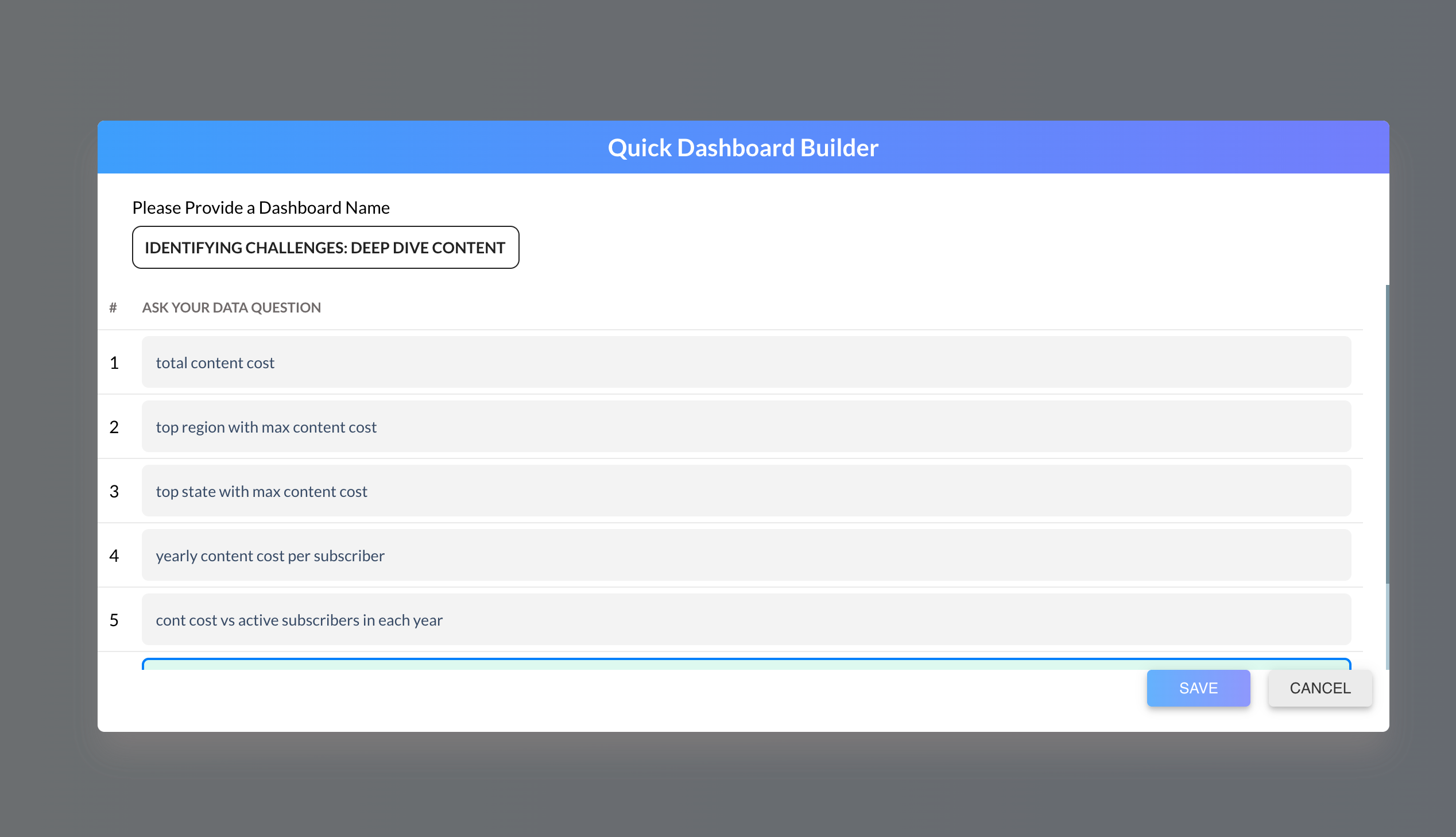VADY GenAI Dashboards interface showing a form where users can select KPIs for automatic dashboard creation