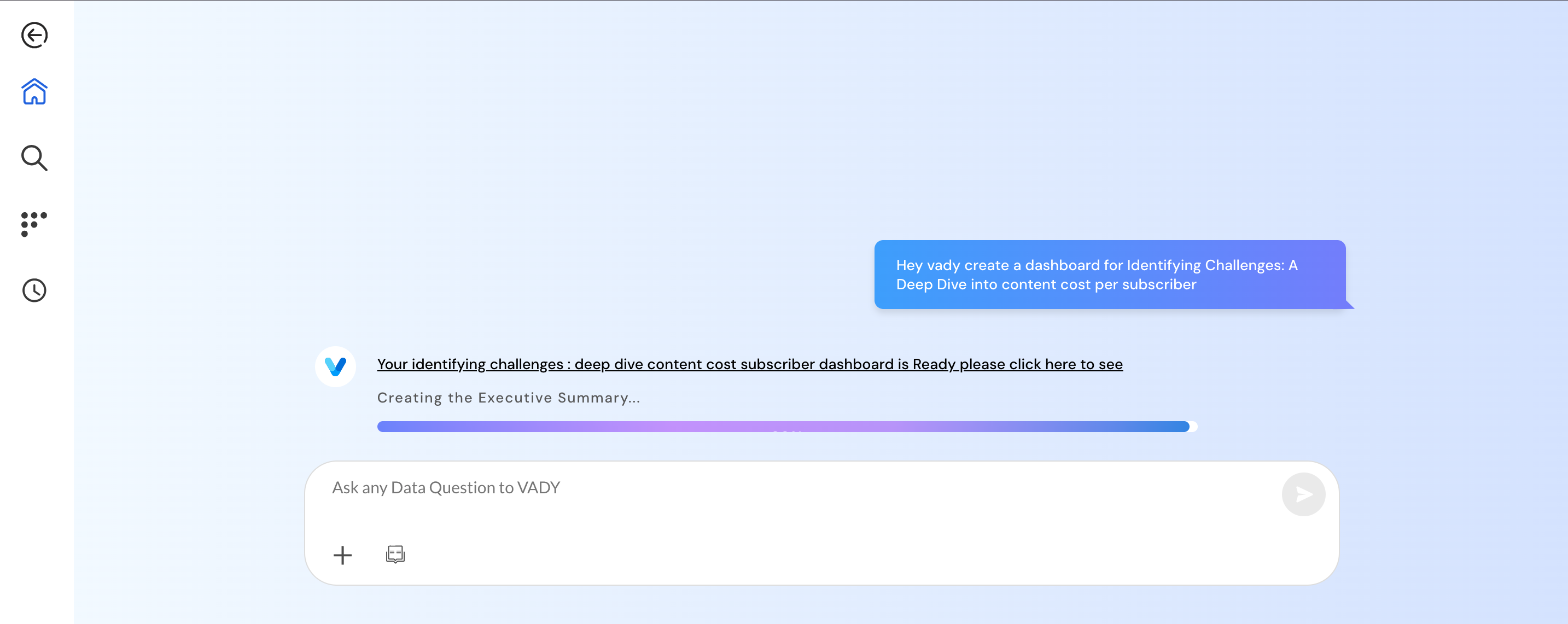 Notification showing VADY GenAI Dashboards has generated a ready-to-use dashboard with access link