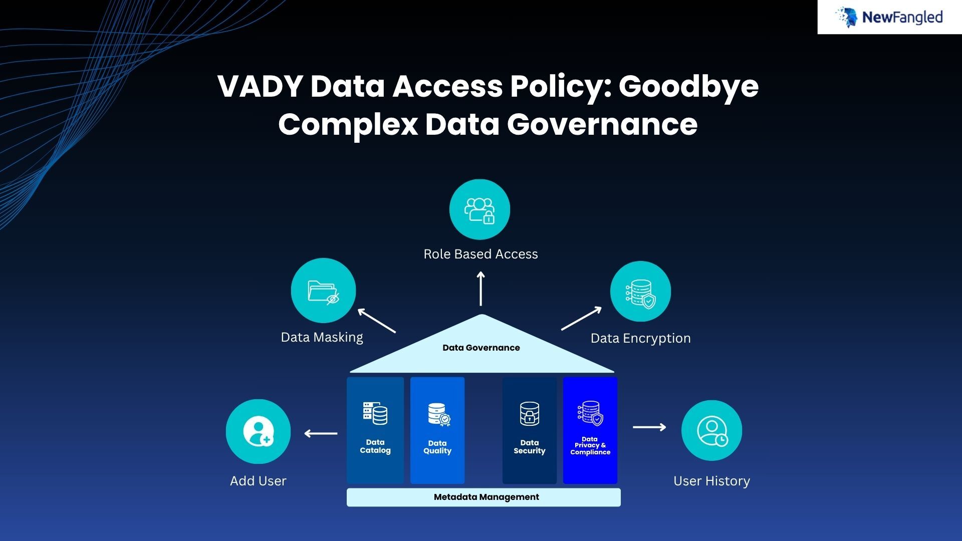 VADY Data Access Policy showing features like add user, role-based access, data masking, encryption, and user history in a click-based interface.